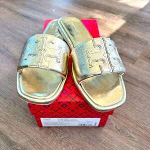 Women’s size 12 Tory Burch double T sport slides, spark gold, like new